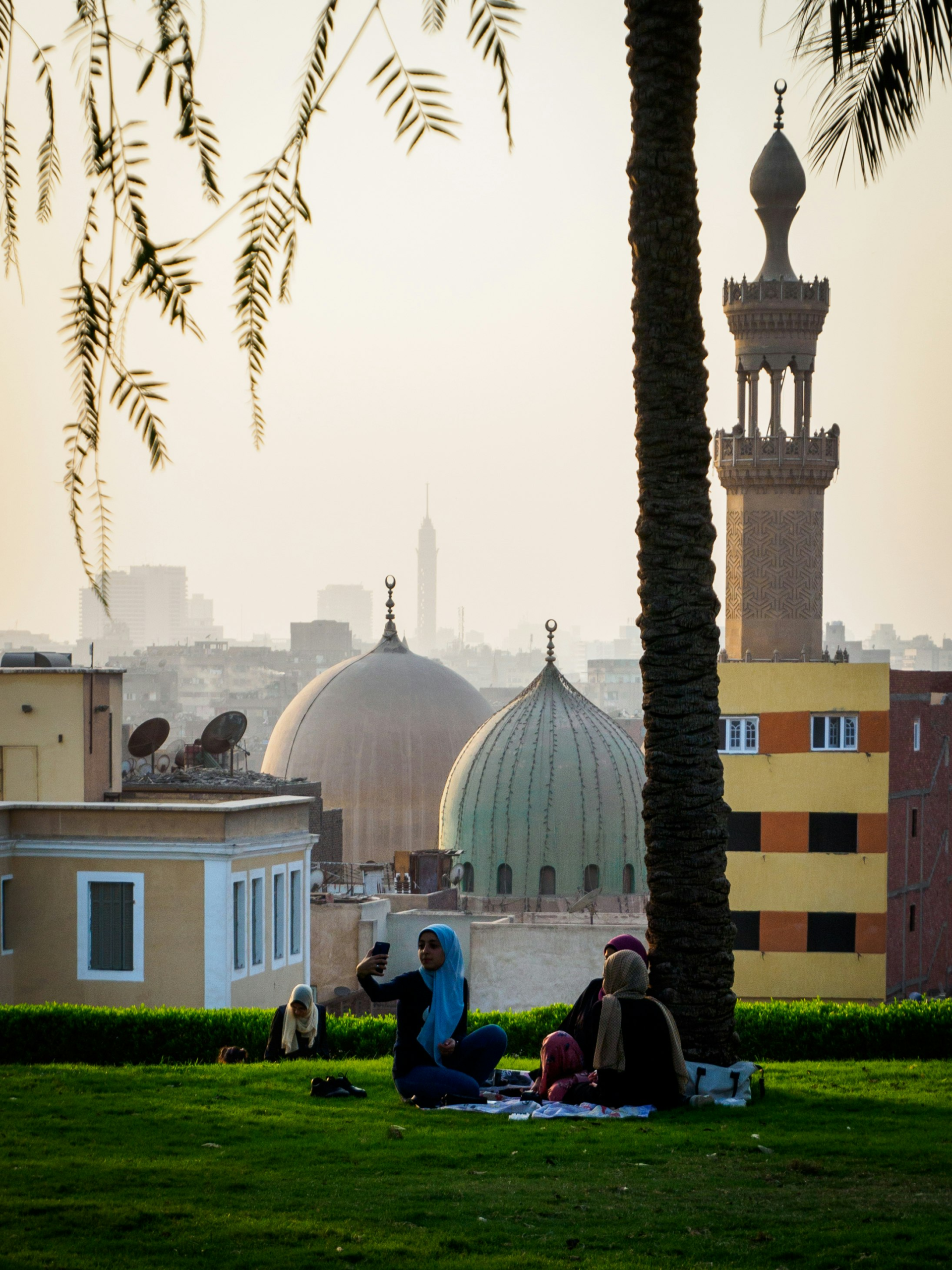 Community gathered near a mosque in Cairo, Egypt